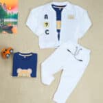 Kids 3 Pcs Set  (Jacket + T-shirt + Pant) - White