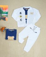 Kids 3 Pcs Set  (Jacket + T-shirt + Pant) - White